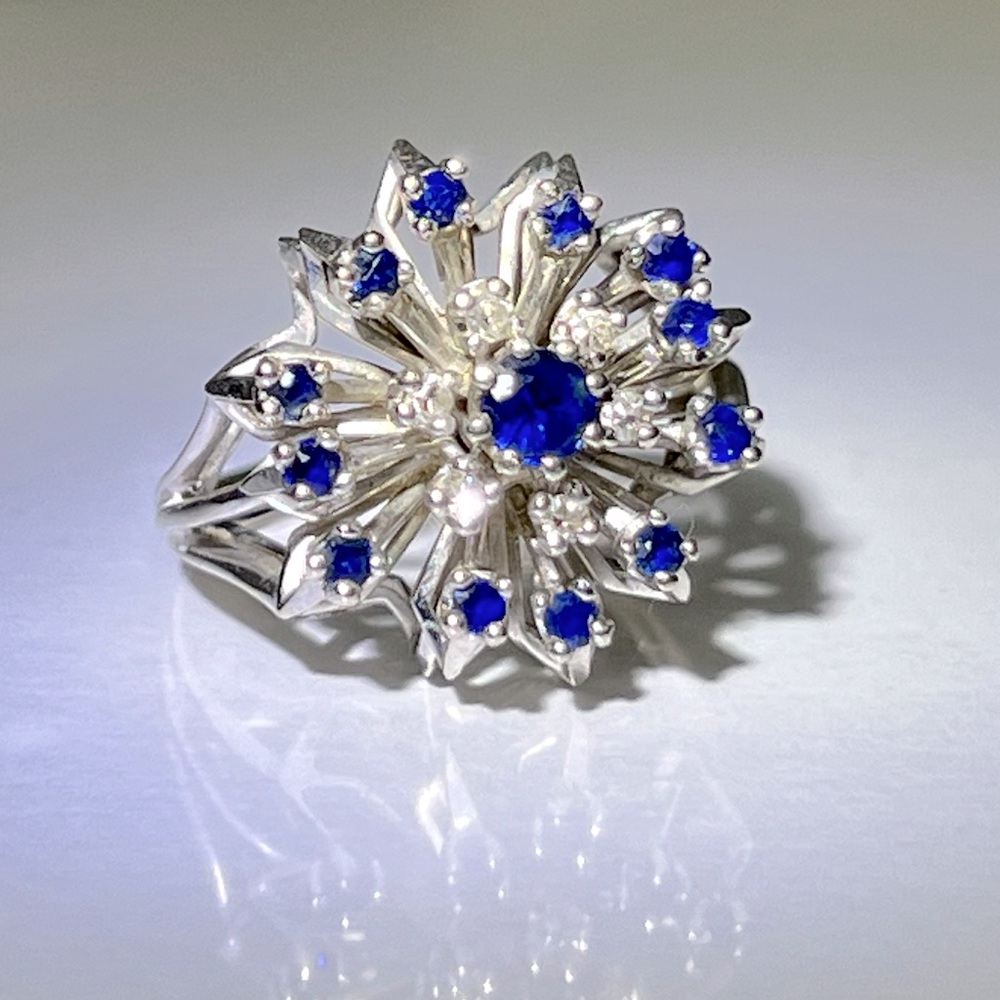 Beautiful Vintage 14K White Gold Sapphire & Diamond Cluster Basket Ring Size 5.5
